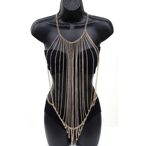 EagleUS Bikini Cross Body Link Chain Necklace to Waist Belly Belt Harness Women Body Full Metal Chain Gold Jewelry Necklace