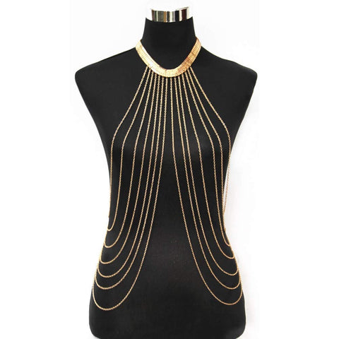 JoJo & Lin Gold Tone Body Chain Adjustable Harness with Fine Chain Multirow Necklace