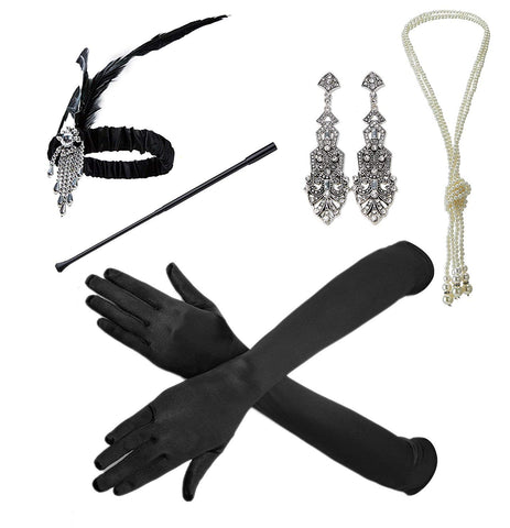 ZeroShop 1920s Accessories Headband Earrings Necklace Gloves Cigarette Holder