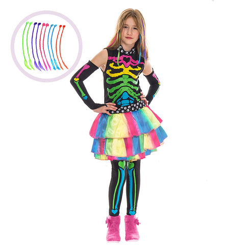 Funky Punky Bones Colorful Skeleton Deluxe Girls Costume Set with Hair Extensions for Halloween Costume Dress Up Parties.